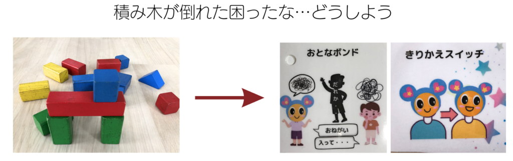大阪市西区にある、あすきたる児童発達支援・放課後等デイサービスのオリジナルソーシャルスキルポスターカード　困った状況でのアイテム選択場面